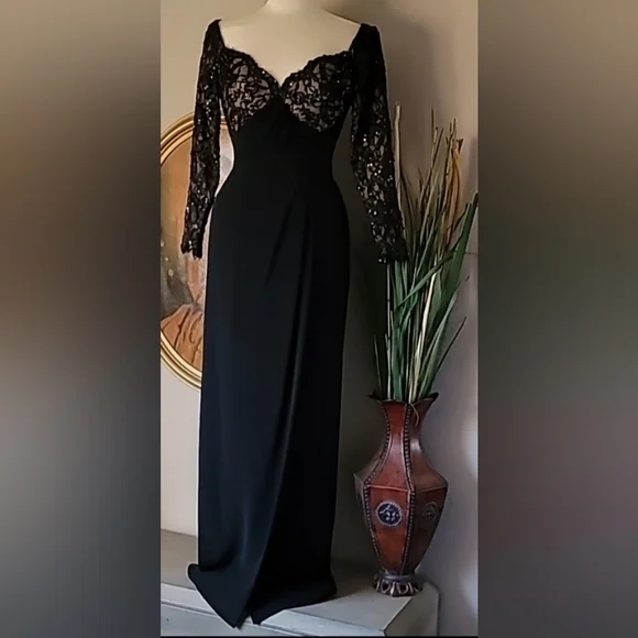 Bob Mackie | Dresses | Vtg Bob Mackie Evening Black Maxi Sequin Lace Bust  Sleeves Formal Gown Size 6